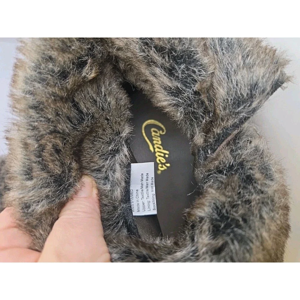Candie's Cahoot Gray Boots Brown Faux Rabbit Fur Lined Fold Down Cuff Snaps 9.5
